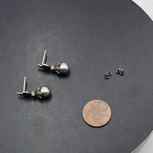 FAS Sterling Silver 925 Marcesite Gray Pearl Drop Dangle Earrings 3.6 grams - Picture 9 of 9